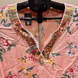 Boho Floral Pink Blouse Women's Large Embroidered Flowy Resort‎ Vacation Casual